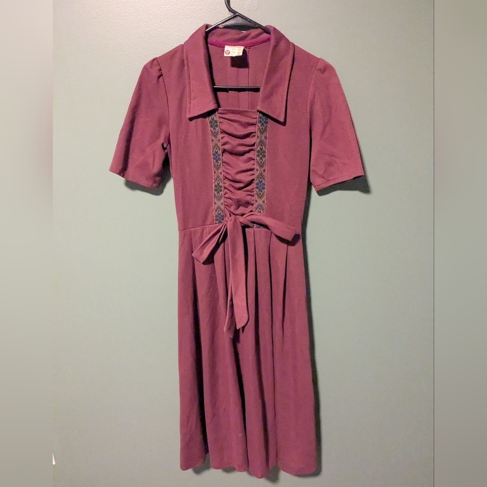 Vintage C&A German Mauve Women's Collared Dress with Tie Waist